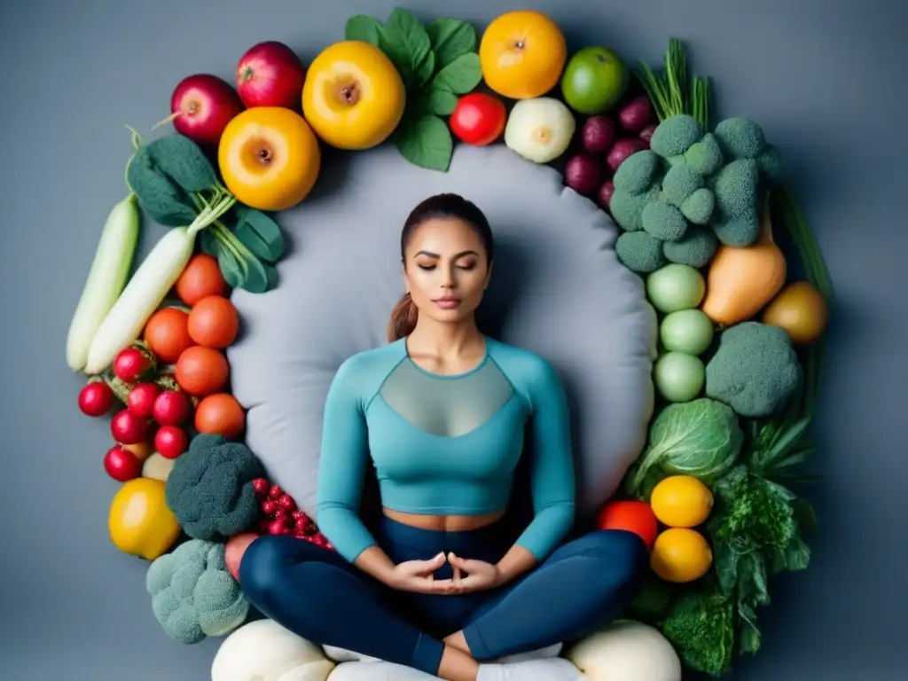 Persona meditando entre frutas y verduras en círculo, promoviendo la alimentación consciente sostenible zero waste