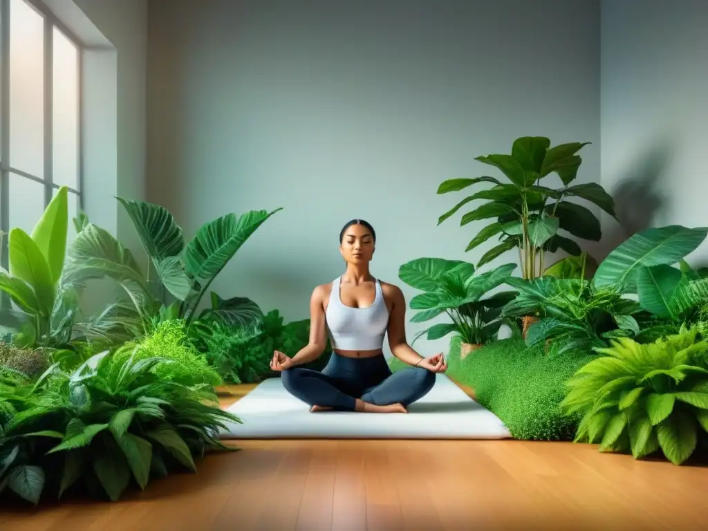 Persona meditando en una habitación tranquila y minimalista, rodeada de plantas, simbolizando paz y el estilo de vida zero waste