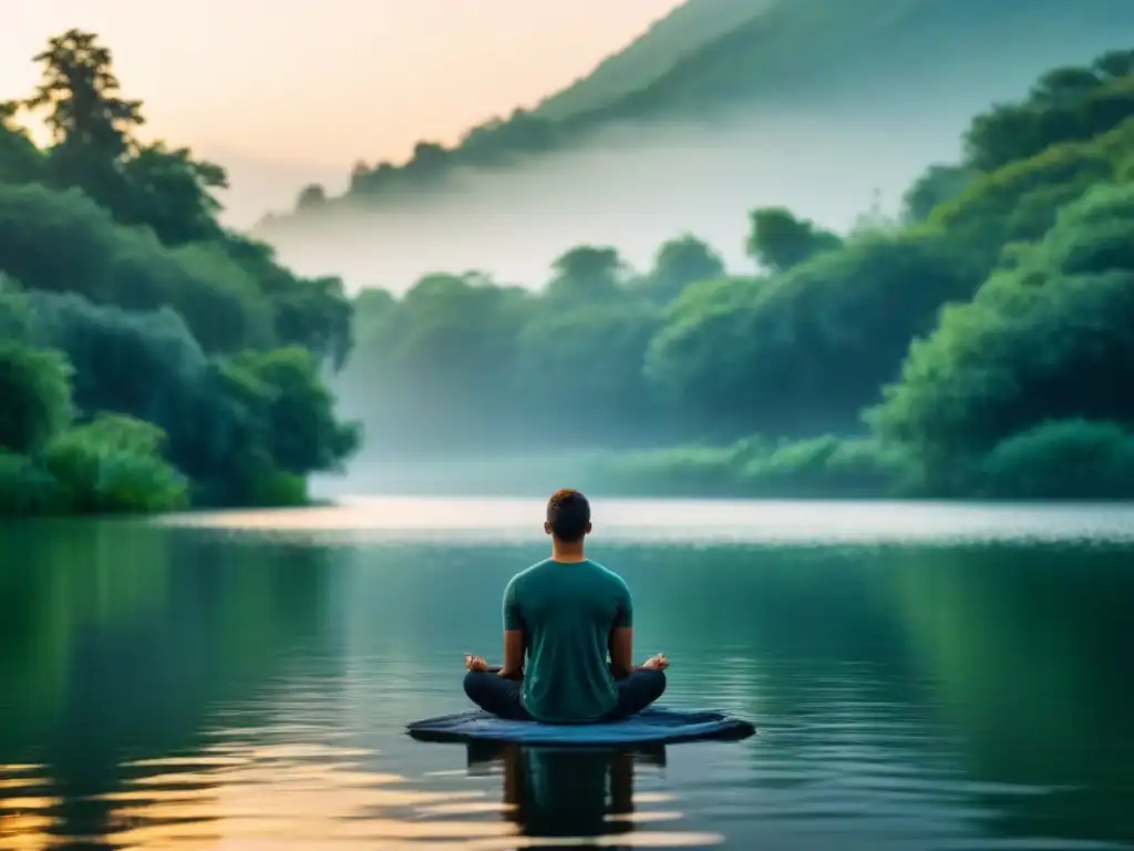 Persona meditando en lago tranquilo rodeado de vegetación, con luz suave filtrándose entre hojas