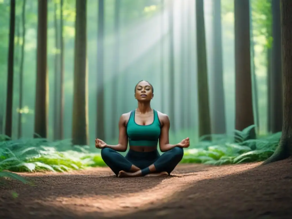 Persona practicando mindfulness en un bosque de árboles altos y verdes, transmitiendo paz y conexión con la naturaleza