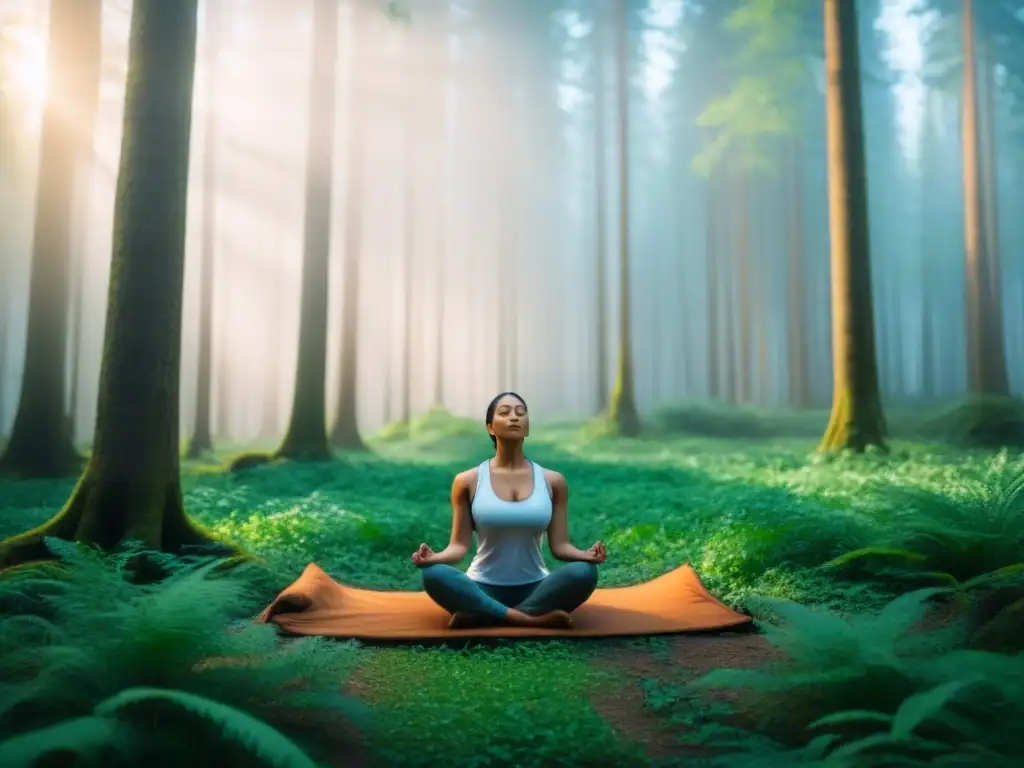 Persona practicando mindfulness en un bosque verde, conexión con la naturaleza para manejar ansiedad crisis climática zero waste