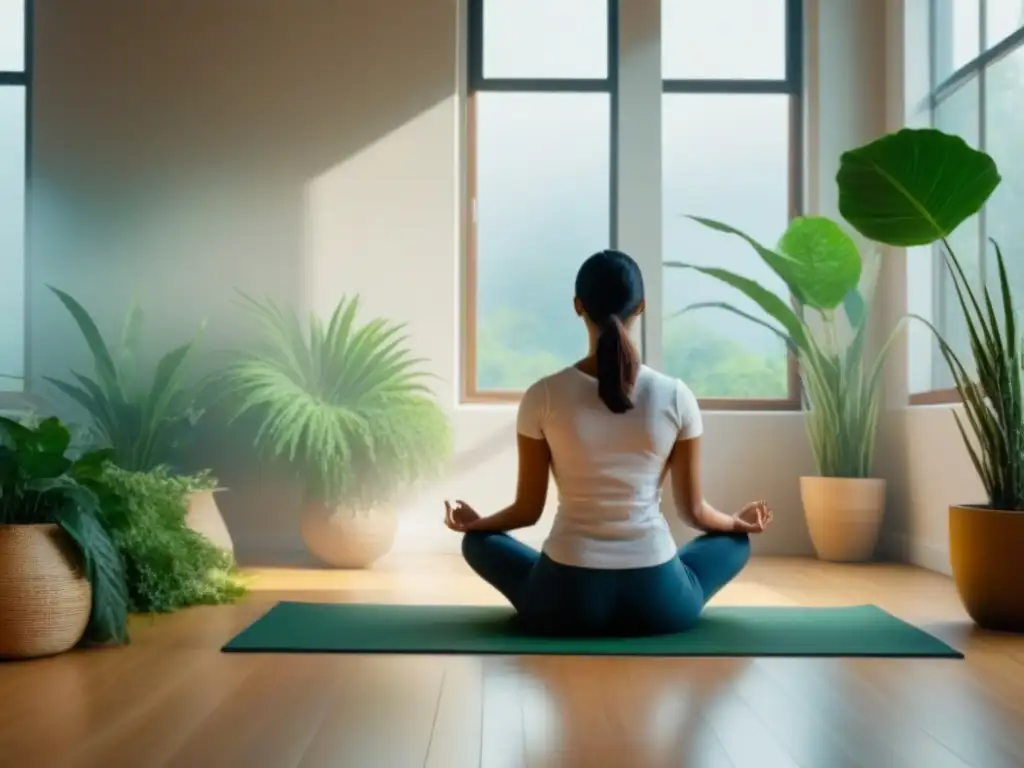 Persona practicando mindfulness en una habitación ecofriendly, rodeada de plantas