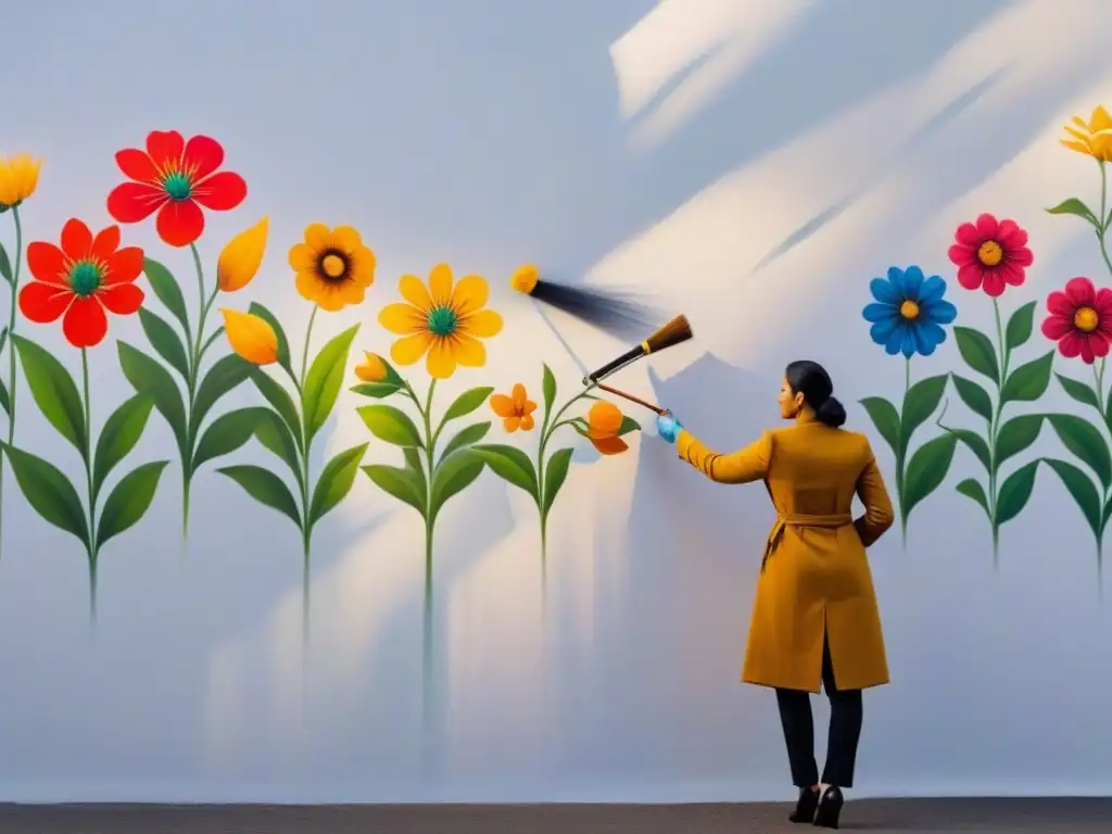 Persona creando mural floral ecofriendly en pared blanca, arte ambiental estilo vida sostenible