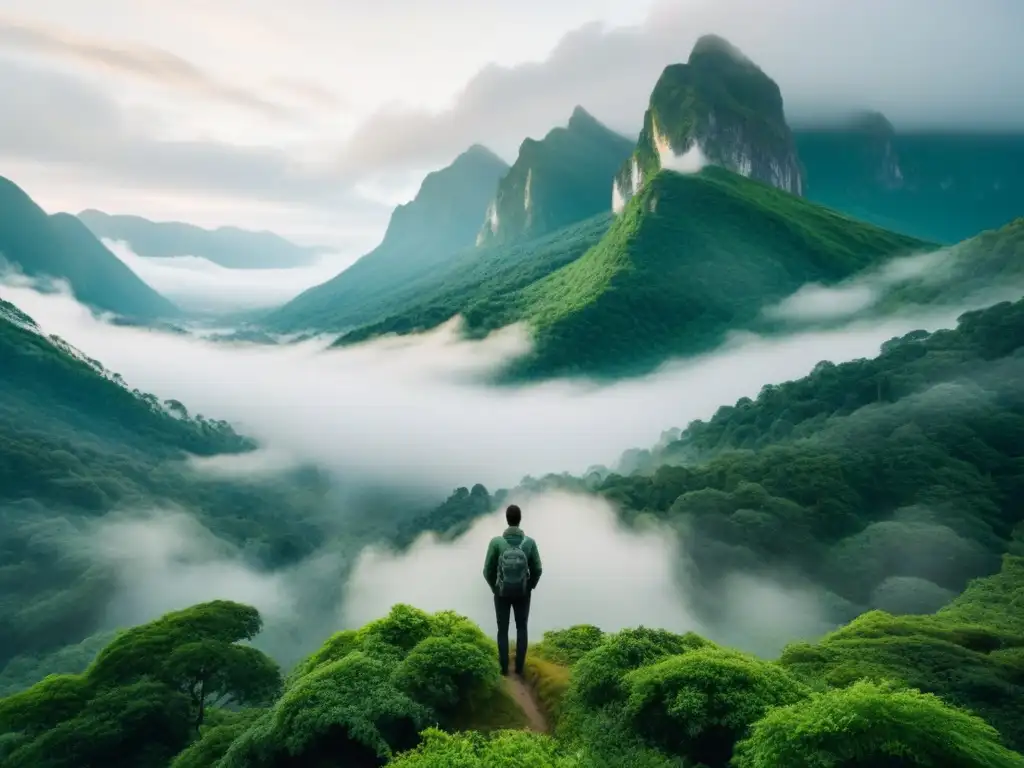 Persona contemplando la naturaleza en bosque verde con montañas cubiertas de niebla