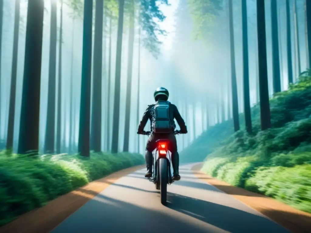 Persona disfrutando de paseo en bicicleta eléctrica sostenible en bosque verde