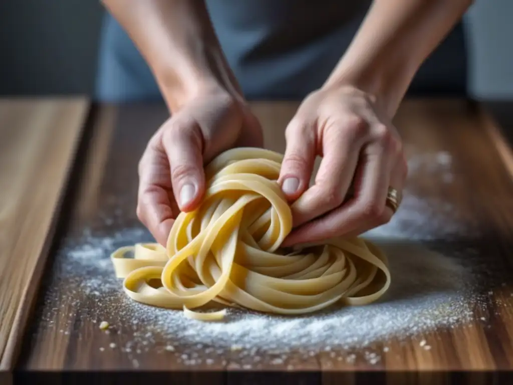 Persona amasando pasta fresca casera sostenible en encimera de madera moderna