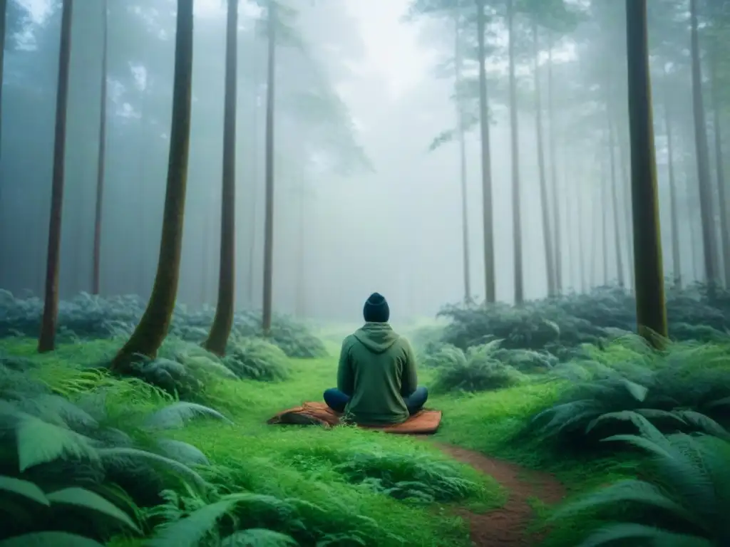 Persona en paz en un bosque verde, rodeada de árboles altos y pájaros cantando