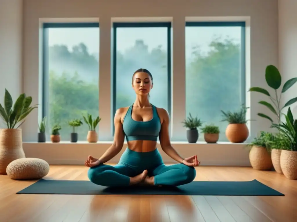 Persona en pose de yoga en habitación minimalista, iluminada por luz natural