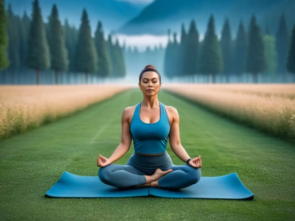 Persona en postura de yoga en prado verde, bajo cielo azul