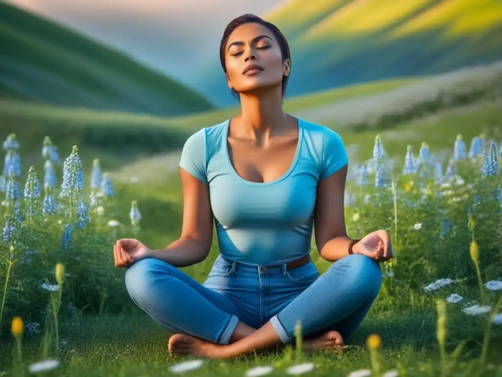 Persona en meditación en prado verde con flores, conectando con la Tierra para beneficios en trastorno afectivo