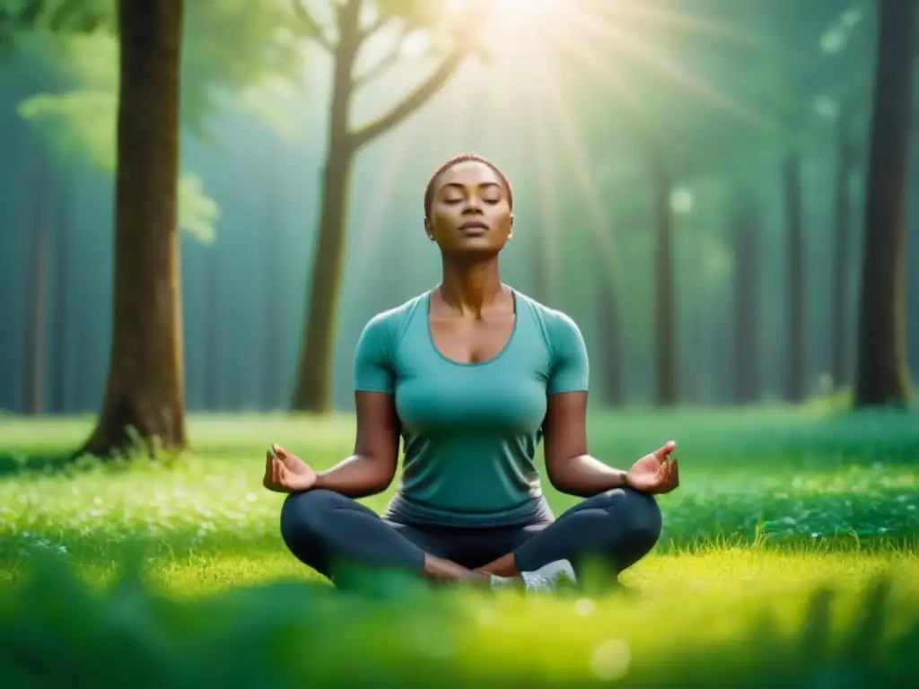 Persona meditando en prado verde, rodeada de árboles, transmitiendo calma y conexión con la naturaleza