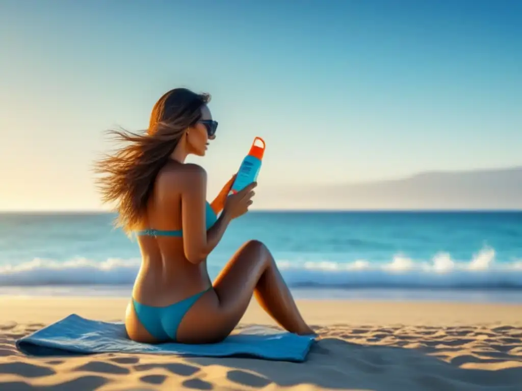 Persona aplicando protector solar en una playa soleada, con agua cristalina y cielo azul