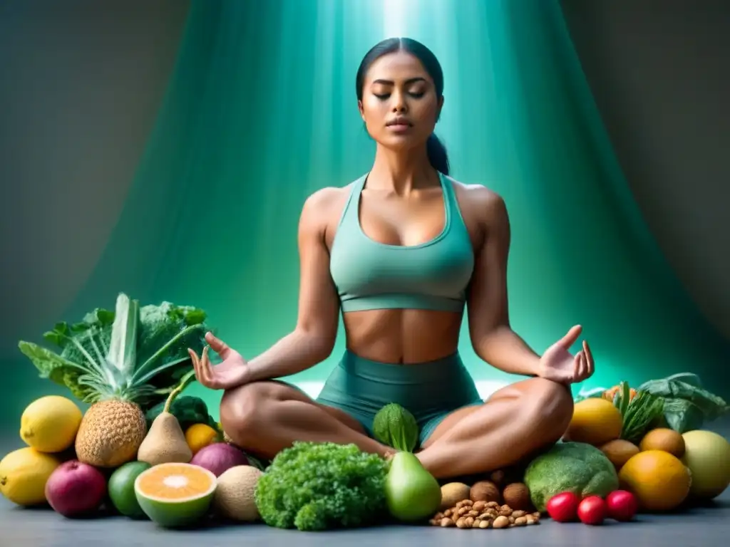 Persona en meditación rodeada de alimentos saludables, con luz solar y fondo verde