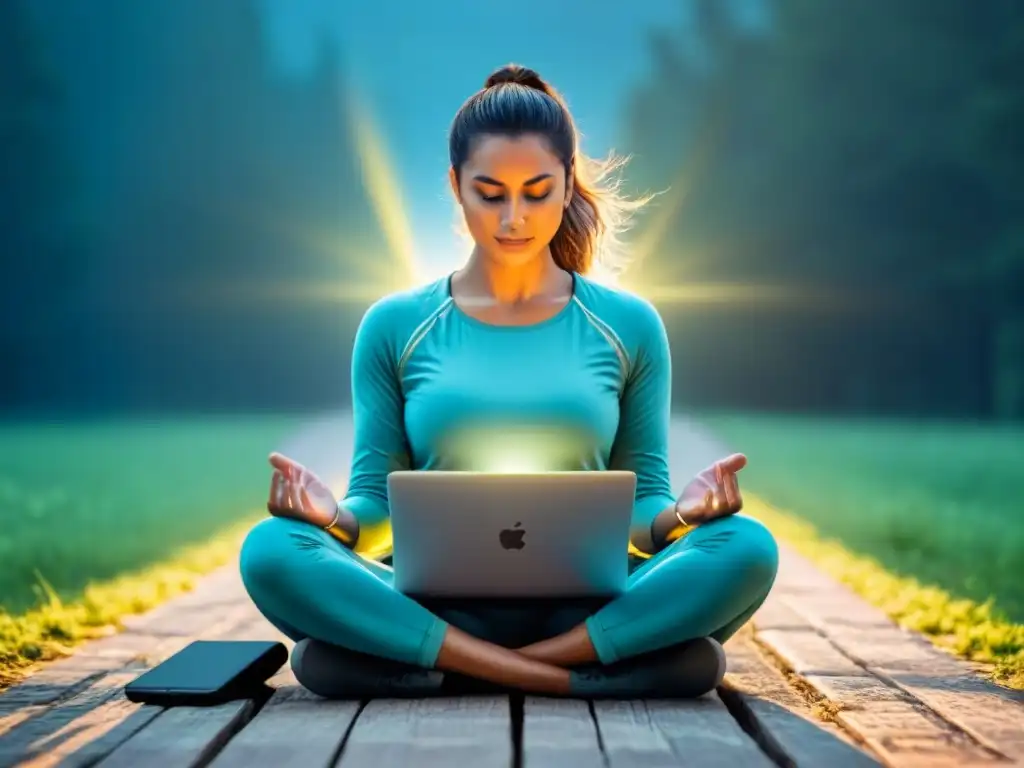 Persona en meditación rodeada de dispositivos digitales, con luz brillante