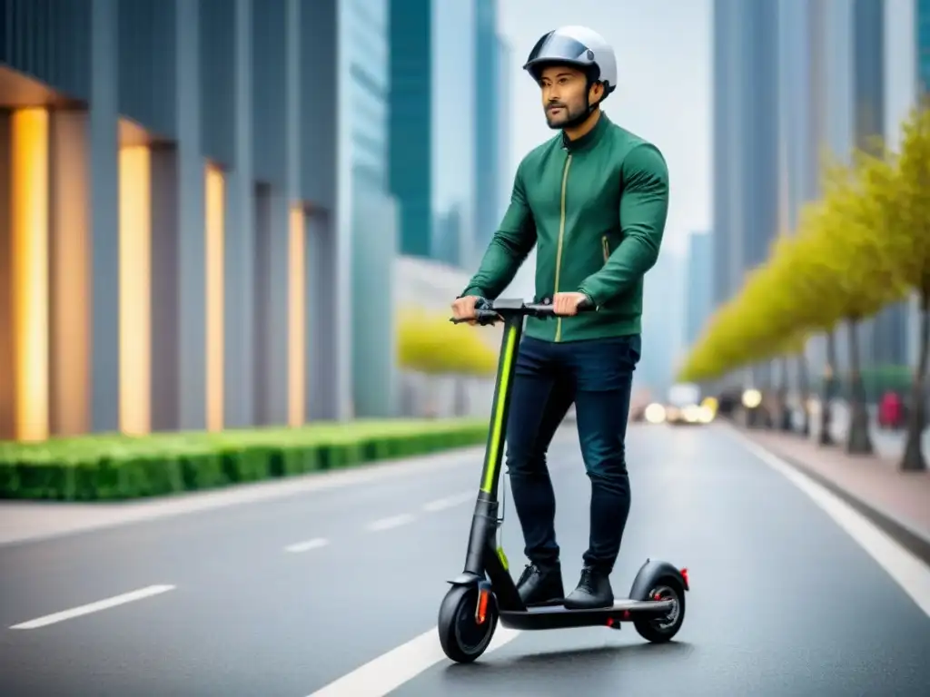 Persona en scooter eléctrico con casco y ropa reflectante en la ciudad