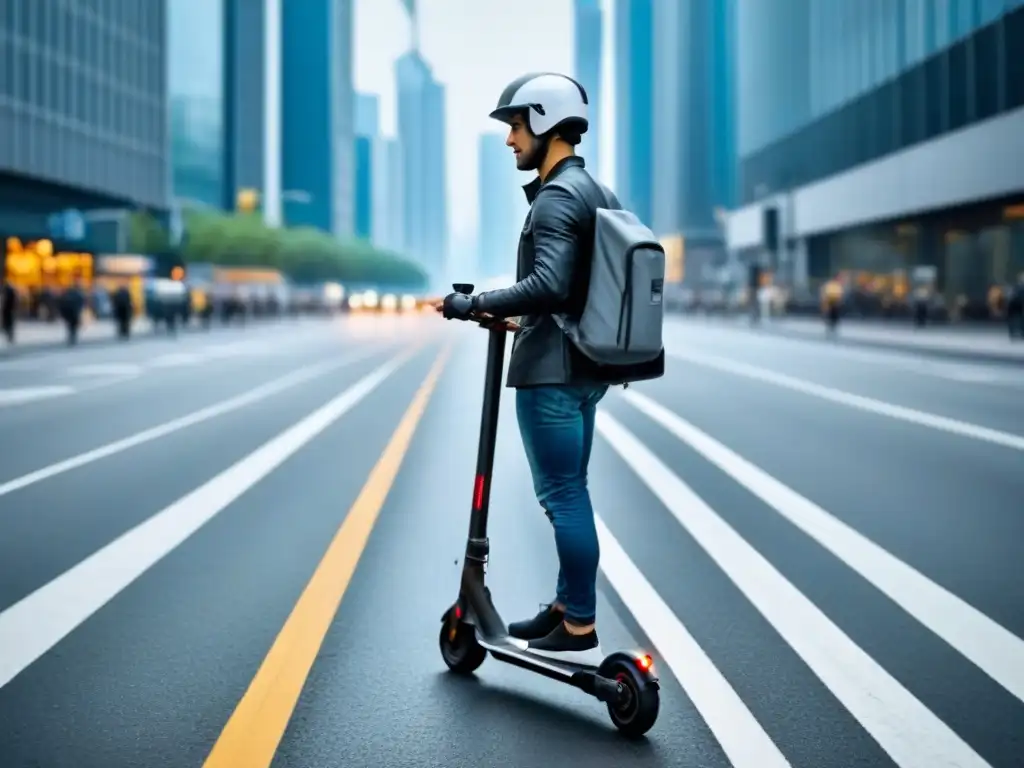 Persona en scooter eléctrico siguiendo reglas de tráfico en la ciudad