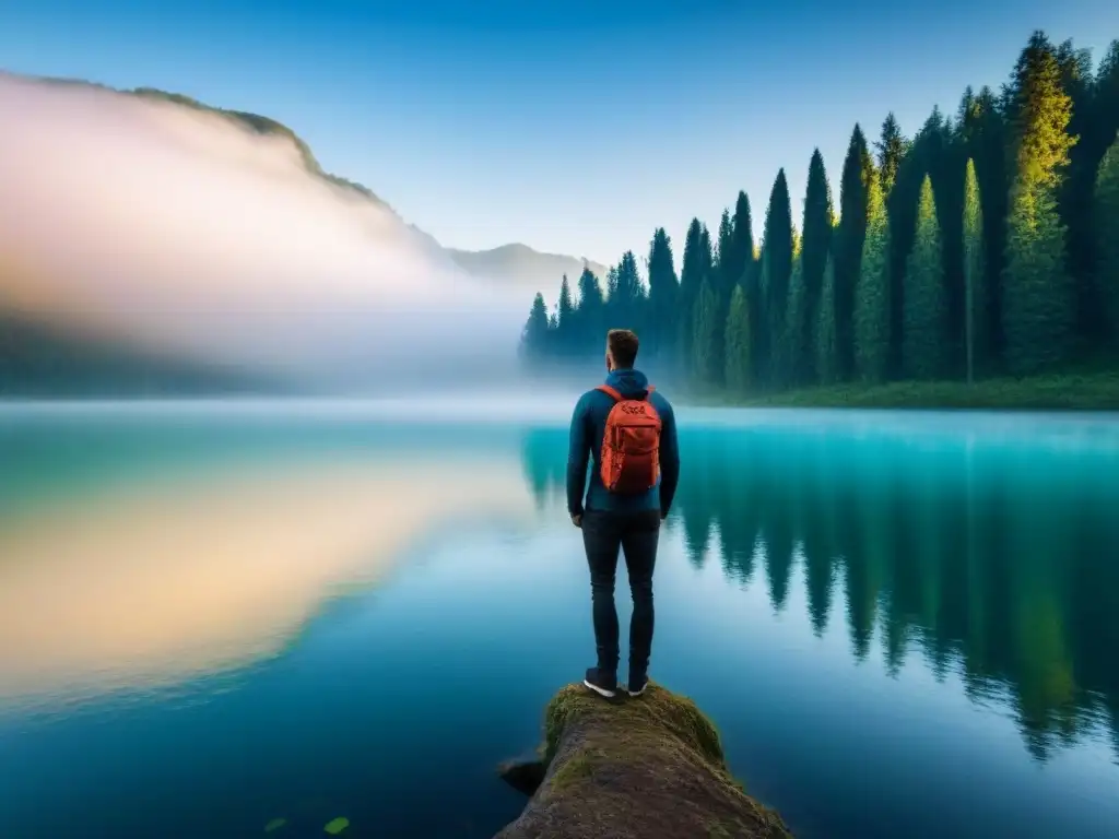 Persona en silueta frente a un lago sereno, reflejando calma y equilibrio en la naturaleza