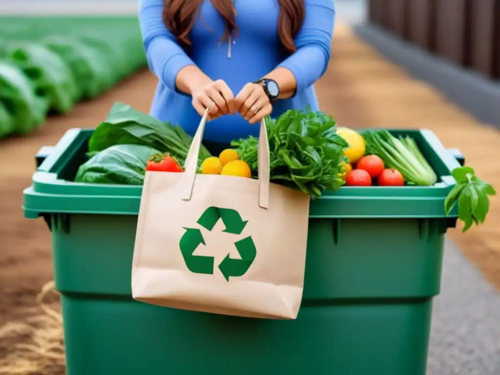 Persona sostenible con bolsas de compras y apps para vida zero waste