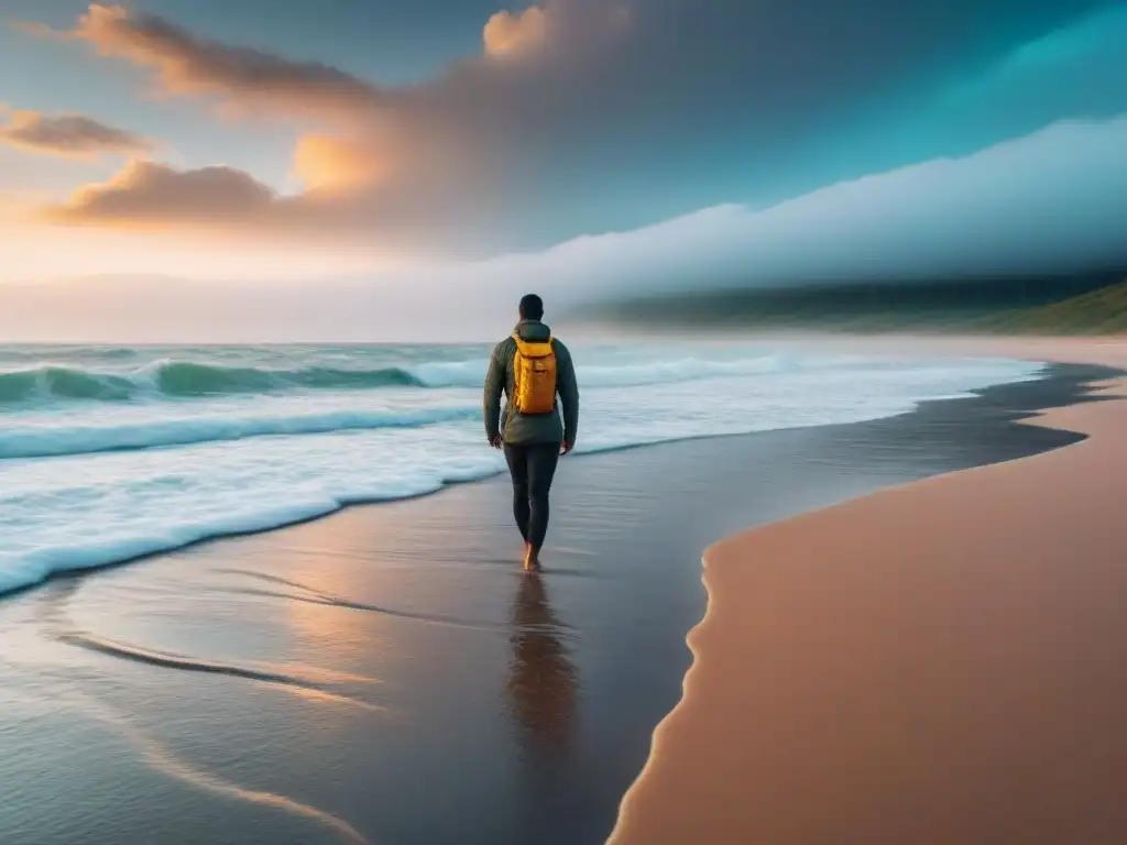 Persona practicando técnicas de conexión a Tierra en una playa al amanecer, transmitiendo paz y beneficios para el Trastorno Afectivo