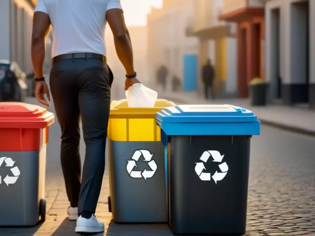 Una persona separa diferentes tipos de reciclables en contenedores etiquetados, aplicando las 3R de manera efectiva