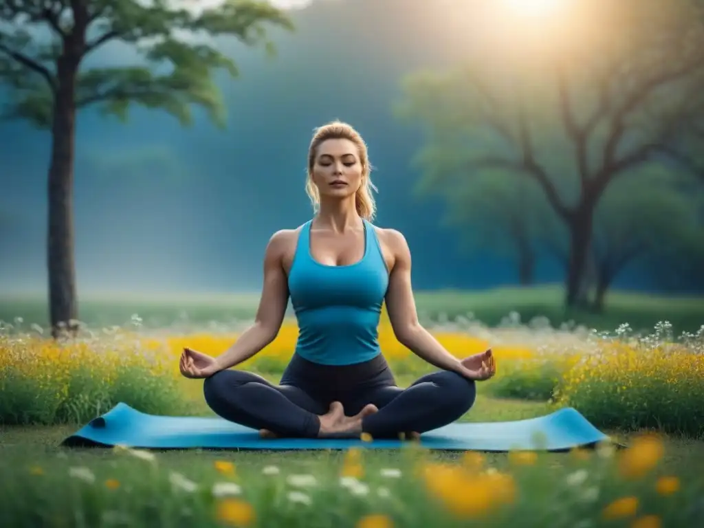 Persona practicando yoga en un campo verde con flores, bajo un cielo azul claro