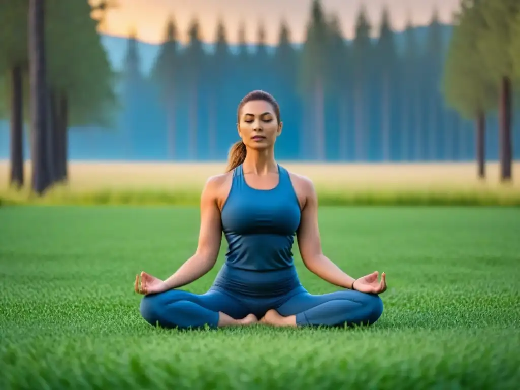 Persona practicando yoga ecológico para conectar en campo verde bajo cielo azul claro y árboles altos