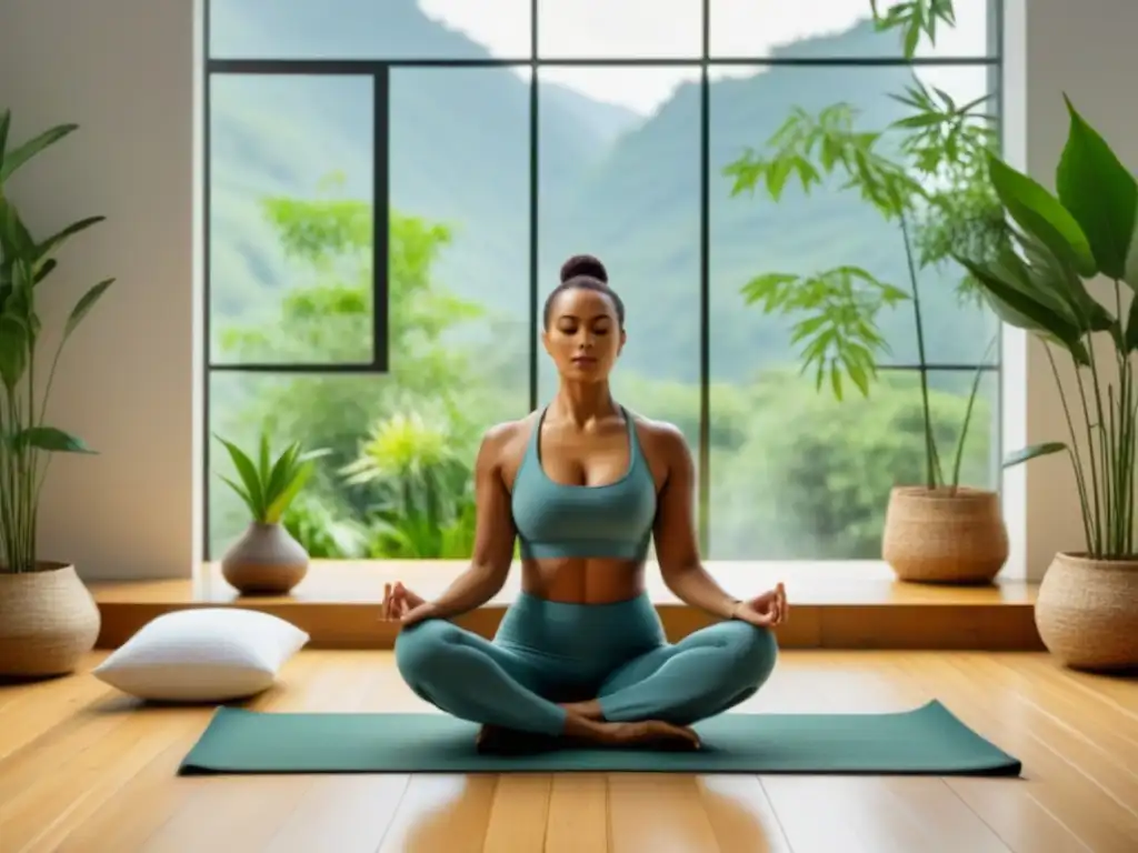 Persona practicando yoga en un espacio minimalista, rodeada de plantas verdes y elementos ecofriendly