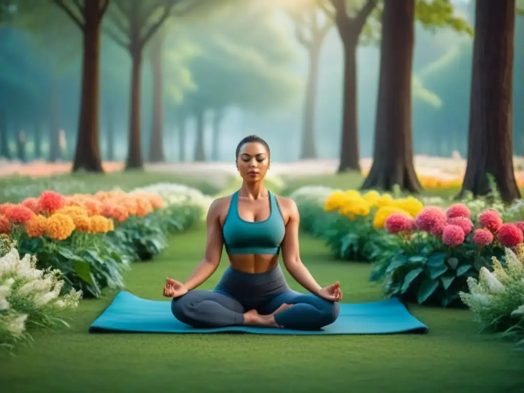 Persona practicando yoga en un parque verde, rodeada de árboles altos y flores coloridas