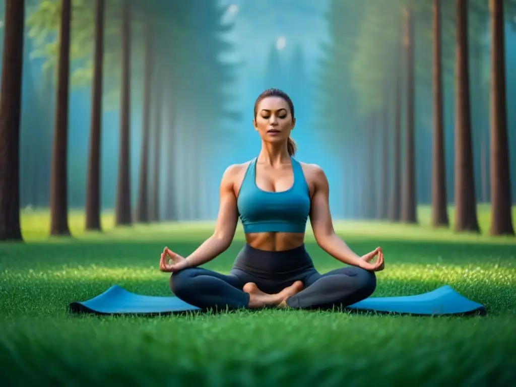 Persona practicando yoga en prado verde, rodeada de árboles altos bajo cielo azul