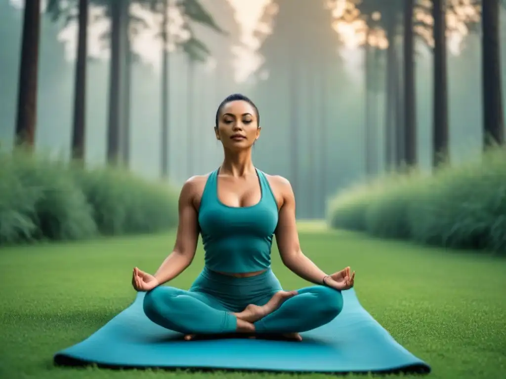 Persona practicando yoga en un prado verde, rodeada de árboles altos y pájaros