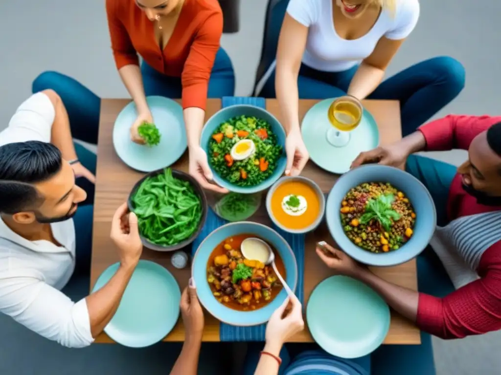 Personas de diferentes culturas comparten comida sostenible en un ambiente cálido y unido