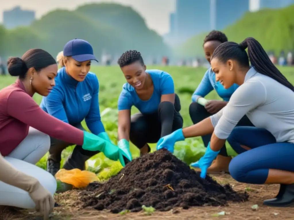 Personas diversas recogiendo basura juntas en un parque moderno, simbolizando la lucha contra la crisis global de residuos