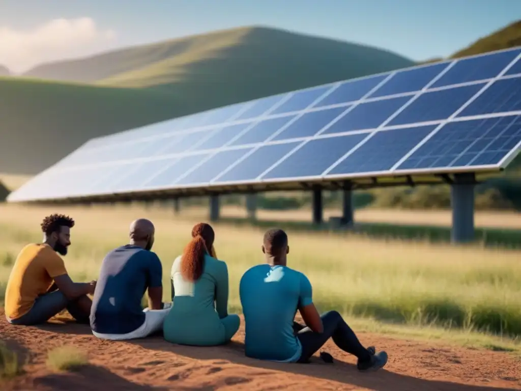 Personas diversas usando cargadores solares en paisaje sostenible
