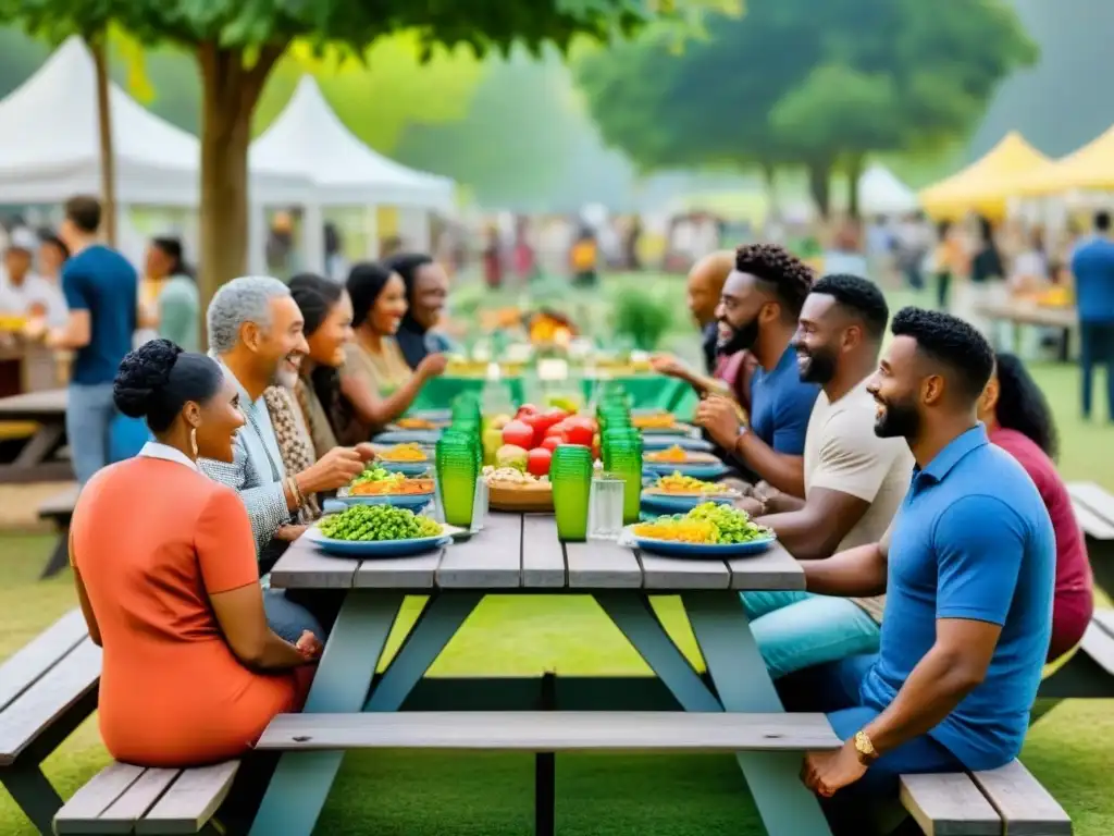 Personas diversas comparten comida en evento comunitario, reducir desperdicio alimentos eventos comunitarios