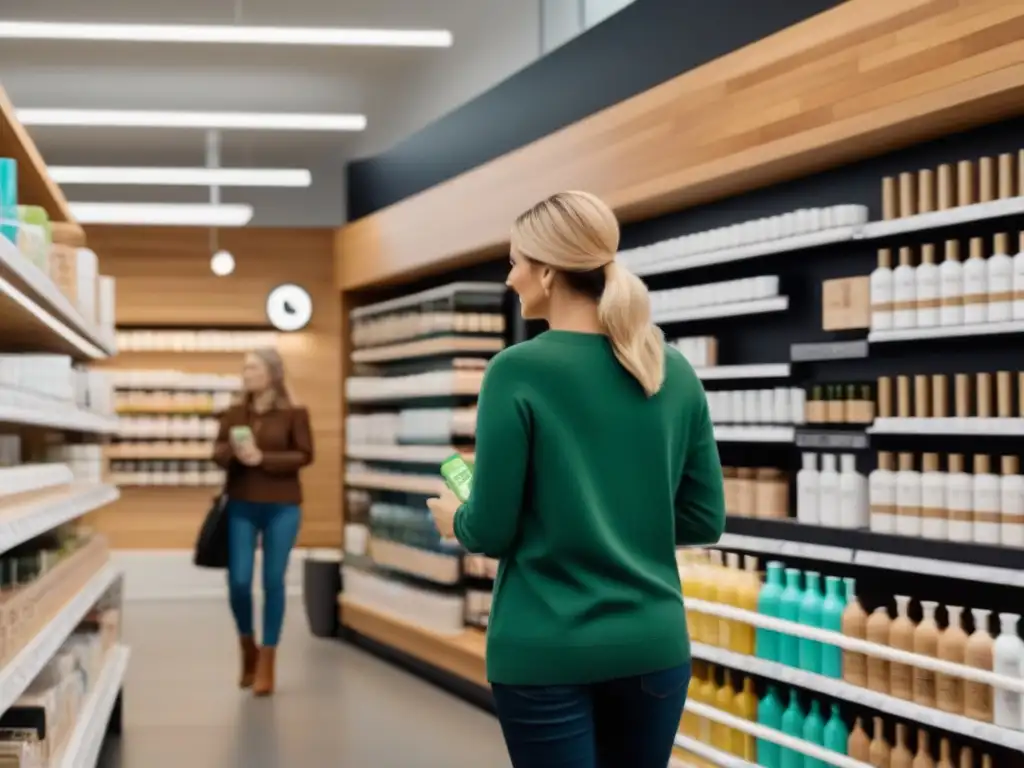 Personas diversas comprando productos de cuidado personal sostenible en una tienda ecológica y moderna