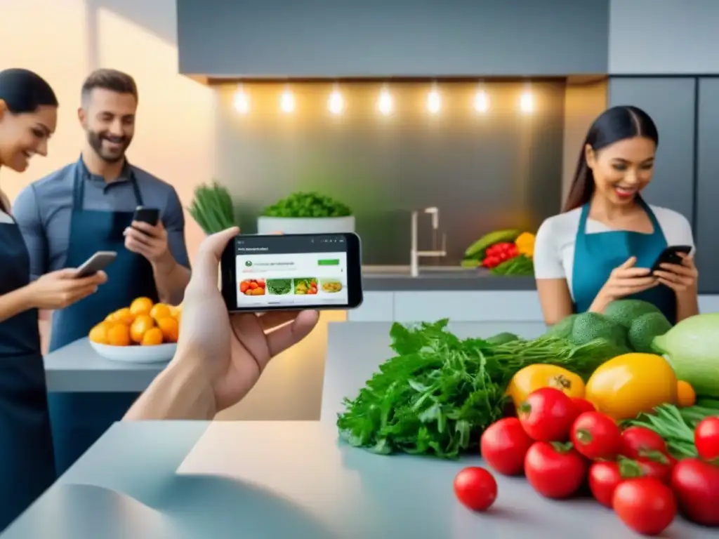 Personas felices usando apps reducir desperdicio alimentos sostenibles en cocina moderna con productos frescos y contenedores reutilizables