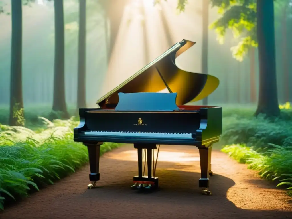 Un piano de cola en un bosque verde, iluminado por el sol