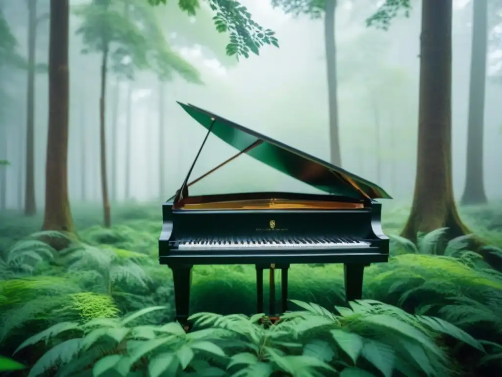 Piano de cola en un bosque verde, hojas vibrantes ondeando al viento