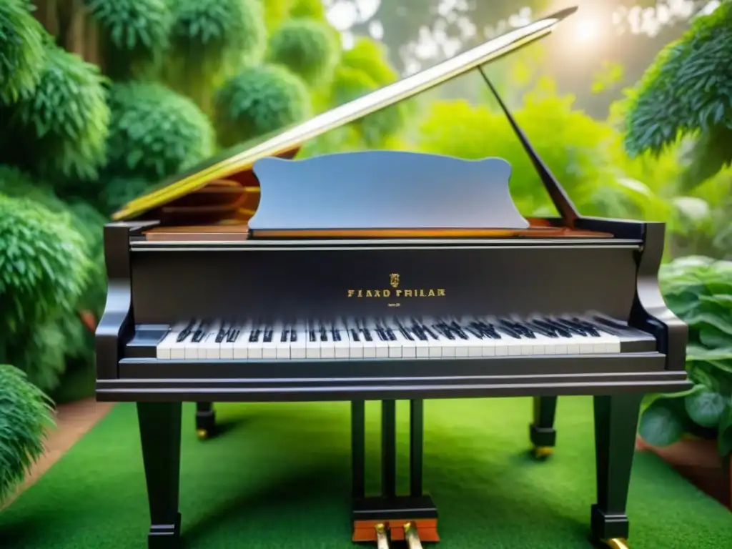 Un piano de cola rodeado de exuberante vegetación en una habitación soleada, fusionando música y naturaleza