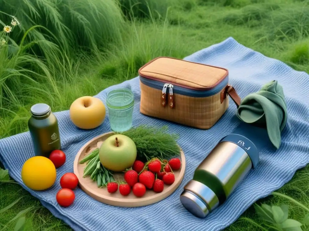 Un picnic zero waste sostenible al aire libre: una escena detallada y serena en un prado verde exuberante con elementos de picnic ecológicos