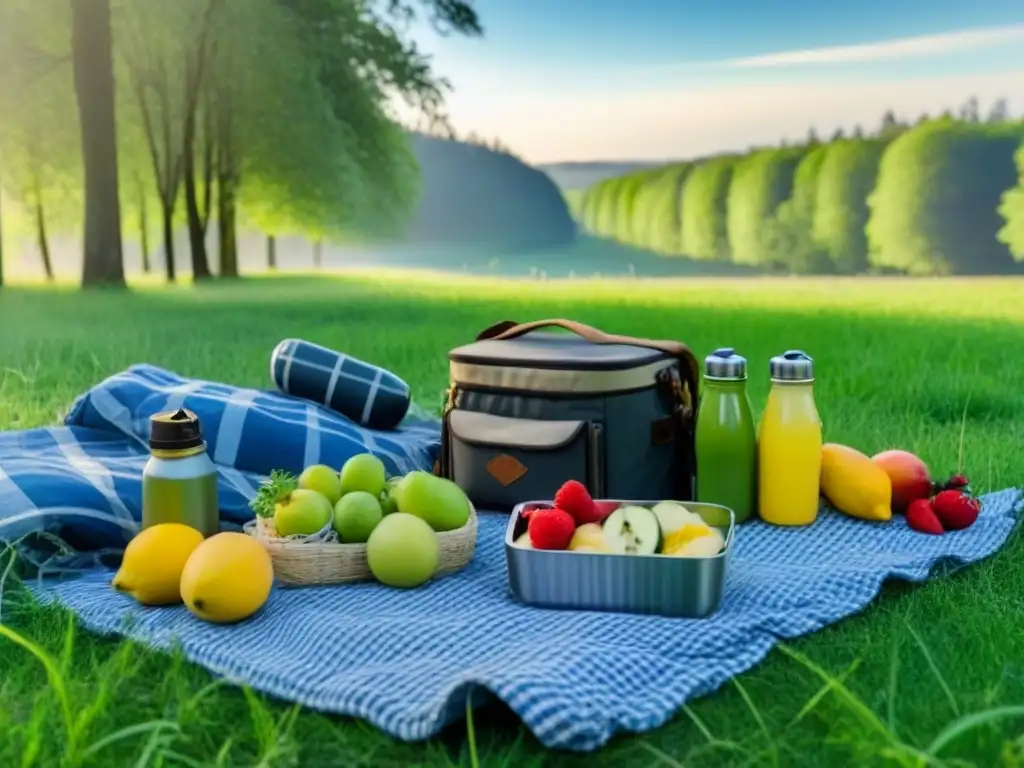 Un picnic zero waste sostenible al aire libre: comida fresca y utensilios de bambú en un prado verde, bajo árboles altos y cielo azul