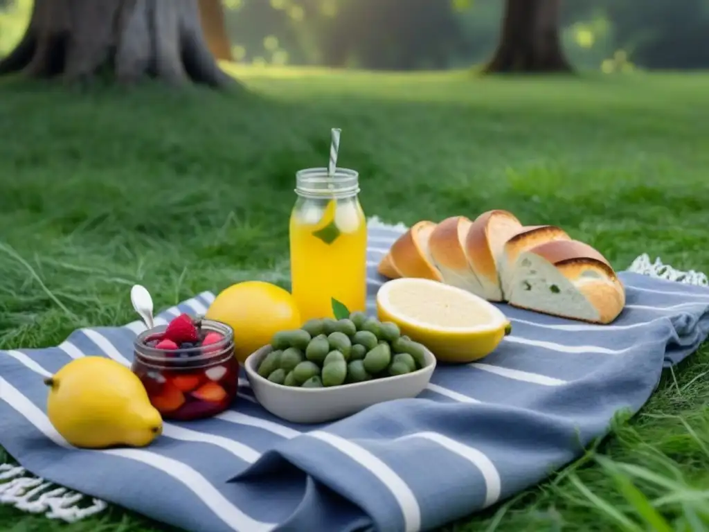 Un picnic zero waste sostenible al aire libre con frutas frescas, verduras, pan artesanal y limonada en envases reutilizables