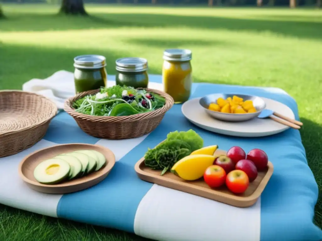 Un picnic zero waste sostenible al aire libre en un prado verde bajo un cielo azul claro