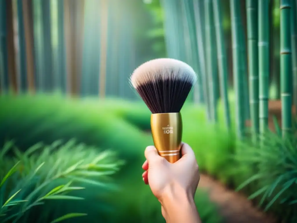 Un pincel de maquillaje de bambú sostenible frente a un bosque verde exuberante, simbolizando la armonía entre la cosmética zero waste y la naturaleza