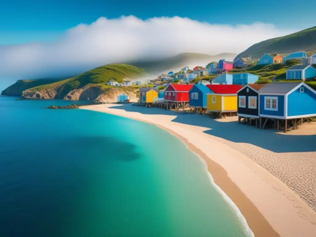 Una pintoresca comunidad costera con casas coloridas, playa y mar tranquilo bajo cielo azul