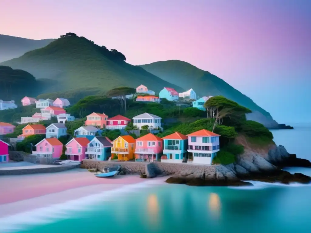 Un pintoresco pueblo costero con casas pastel entre naturaleza exuberante y aguas cristalinas, bajo un cálido amanecer