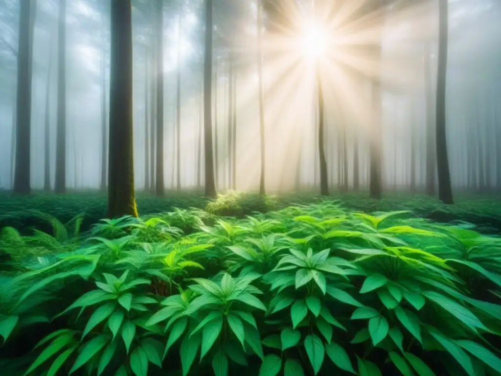 Pintura ecológica de un bosque verde exuberante, con detalles precisos de hojas y árboles bajo la luz del sol