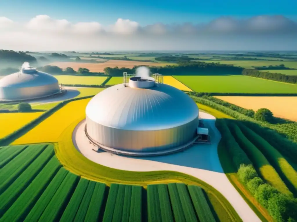 Planta de biogás moderna en campos verdes, armonía entre tecnología y naturaleza en producción de energía sostenible