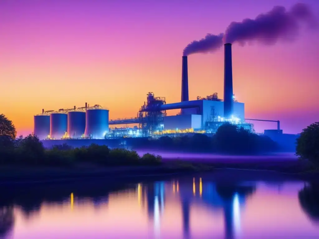 Planta moderna de reciclaje de residuos para energía al atardecer, entre maquinaria industrial y un cielo vibrante reflejado en el agua tranquila