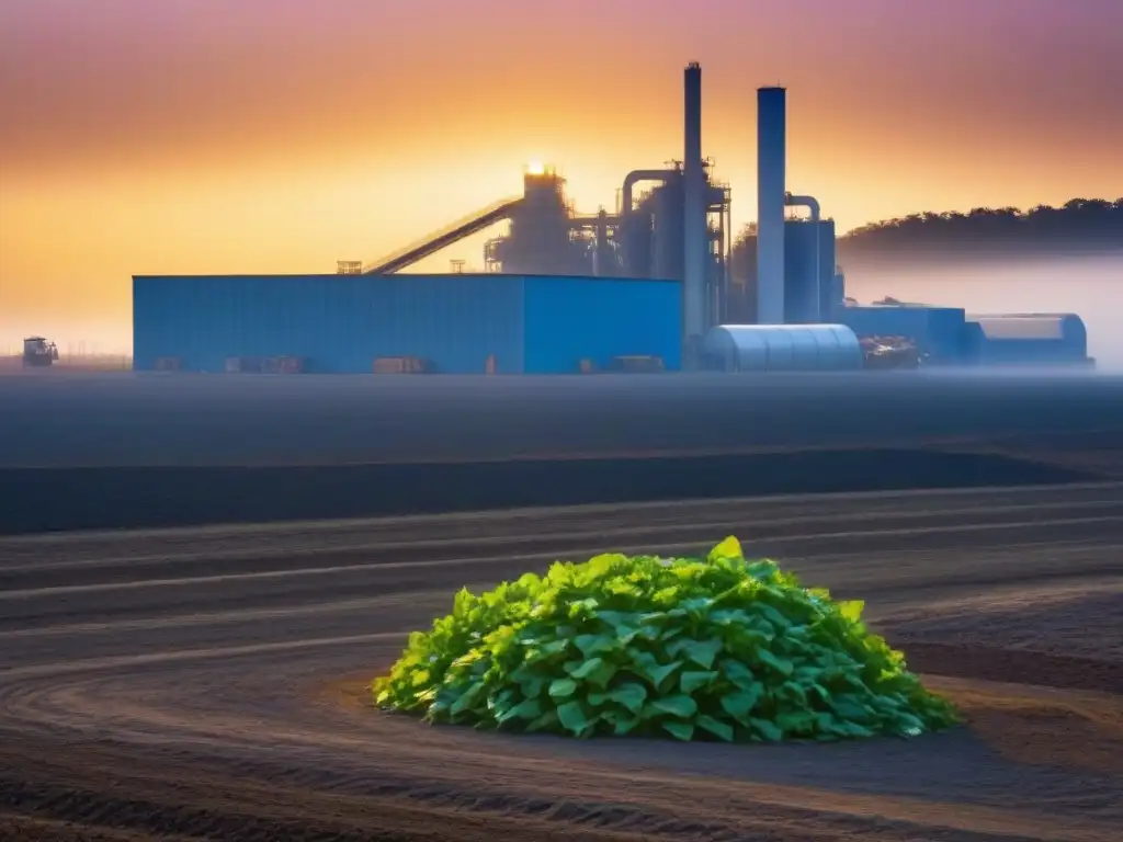 Planta de reciclaje al atardecer, con luz dorada sobre estructuras industriales, transmitiendo eficiencia en gestión sostenible residuos textiles